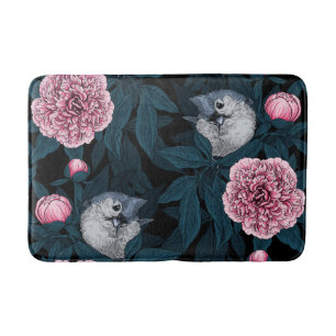Vogels en roze pioenbloemen met bladeren badmat
