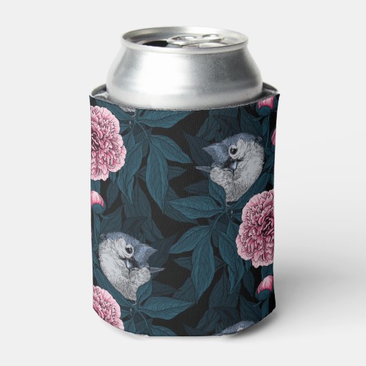 Vogels en roze pioenbloemen met bladeren blikjeskoeler (Blikje Voorkant)