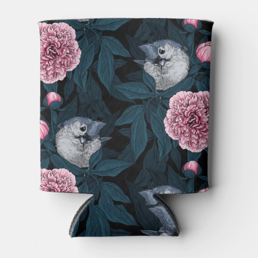 Vogels en roze pioenbloemen met bladeren blikjeskoeler (Voorkant)