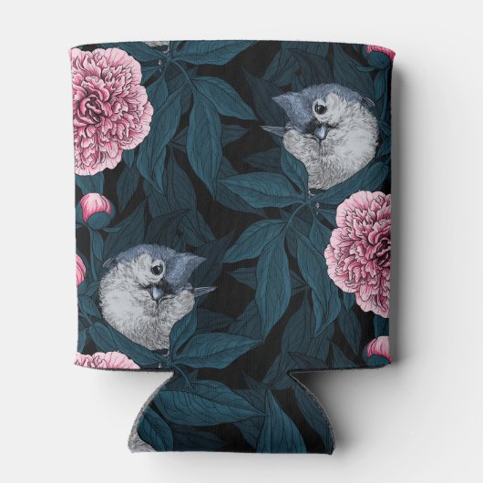 Vogels en roze pioenbloemen met bladeren blikjeskoeler (Achterkant)