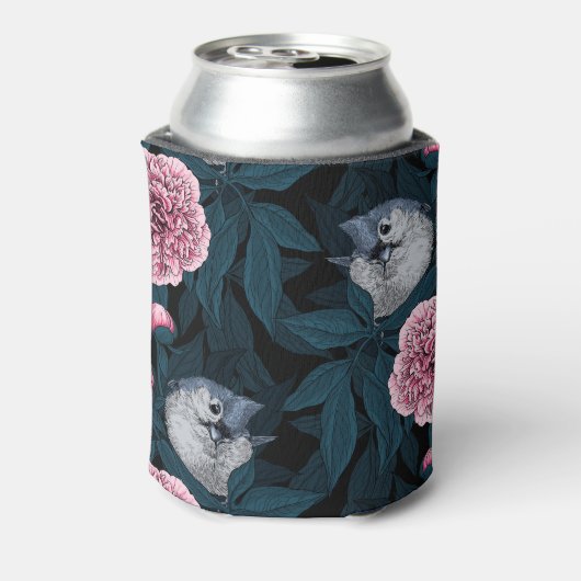 Vogels en roze pioenbloemen met bladeren blikjeskoeler (Blikje Achterkant)