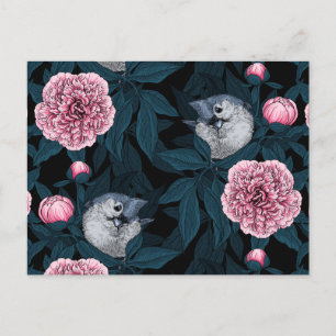 Vogels en roze pioenbloemen met bladeren briefkaart