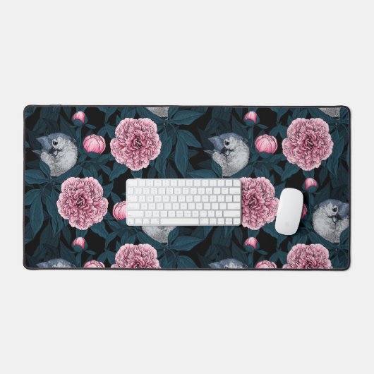 Vogels en roze pioenbloemen met bladeren bureaumat (Keyboard & Muis)
