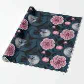 Vogels en roze pioenbloemen met bladeren cadeaupapier (Uitgerold)