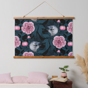Vogels en roze pioenbloemen met bladeren hangend wandkleed