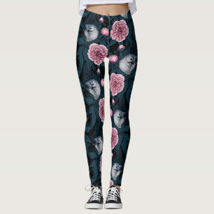 Vogels en roze pioenbloemen met bladeren leggings