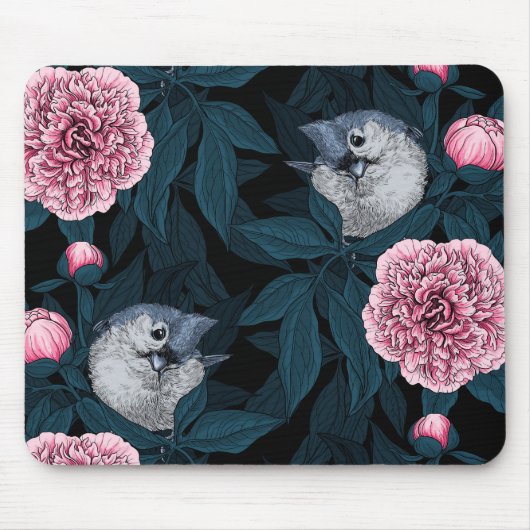 Vogels en roze pioenbloemen met bladeren muismat (Voorkant)