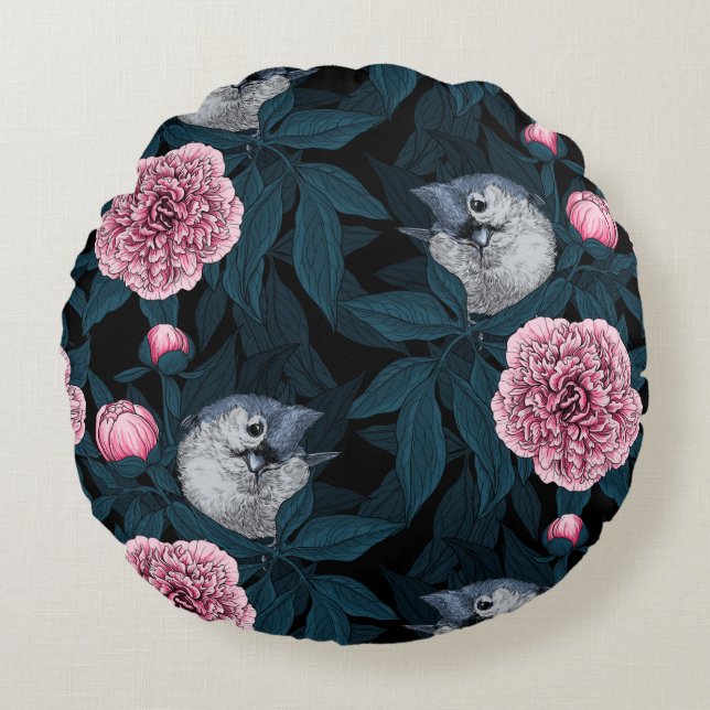 Vogels en roze pioenbloemen met bladeren rond kussen (Voorkant)