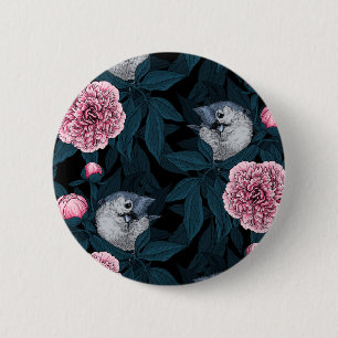 Vogels en roze pioenbloemen met bladeren ronde button 5,7 cm