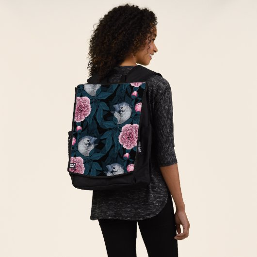 Vogels en roze pioenbloemen met bladeren rugtassen (Gedragen)