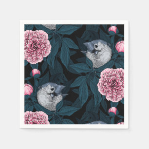 Vogels en roze pioenbloemen met bladeren servet