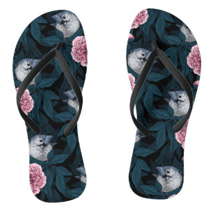 Vogels en roze pioenbloemen met bladeren teenslippers