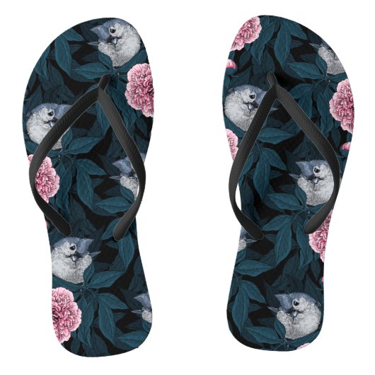 Vogels en roze pioenbloemen met bladeren teenslippers (Voetbed)