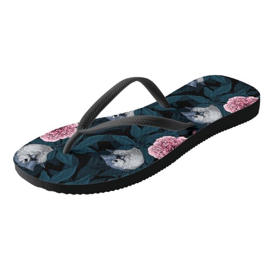 Vogels en roze pioenbloemen met bladeren teenslippers (Schuin)