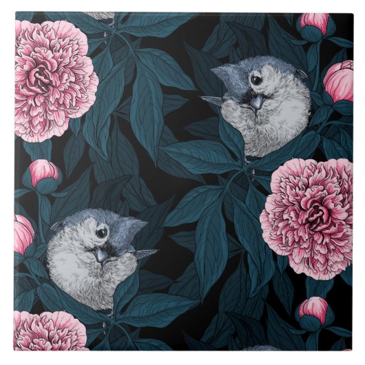 Vogels en roze pioenbloemen met bladeren tegeltje (Voorkant)