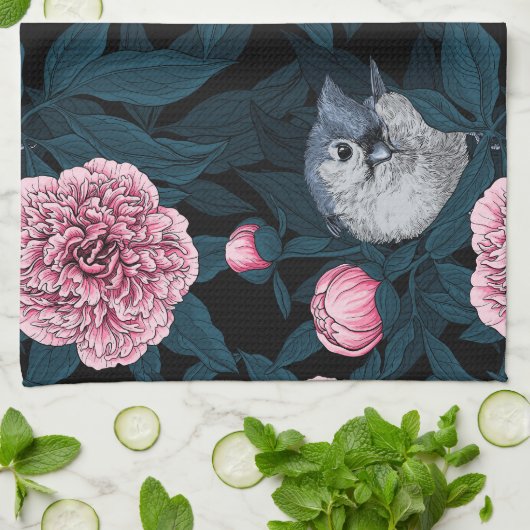 Vogels en roze pioenbloemen met bladeren theedoek (Gevouwen)