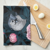 Vogels en roze pioenbloemen met bladeren theedoek (Quarter Fold)