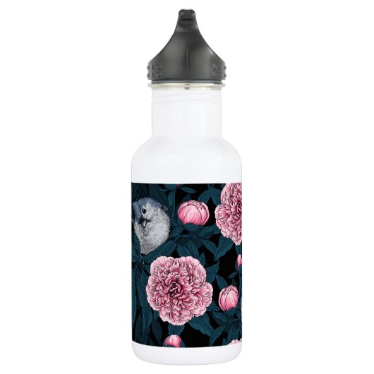 Vogels en roze pioenbloemen met bladeren waterfles (Rechts)