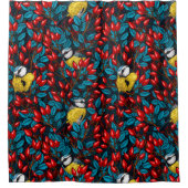 Vogels en rozen van honden, blauw en rood douchegordijn (Voorkant)