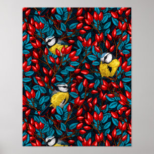 Vogels en rozen van honden, blauw en rood poster