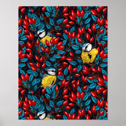 Vogels en rozen van honden, blauw en rood poster (Voorkant)