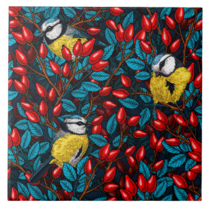 Vogels en rozen van honden, blauw en rood tegeltje