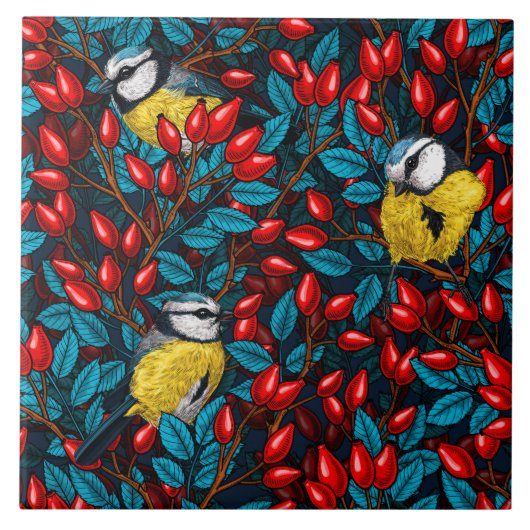 Vogels en rozen van honden, blauw en rood tegeltje (Voorkant)