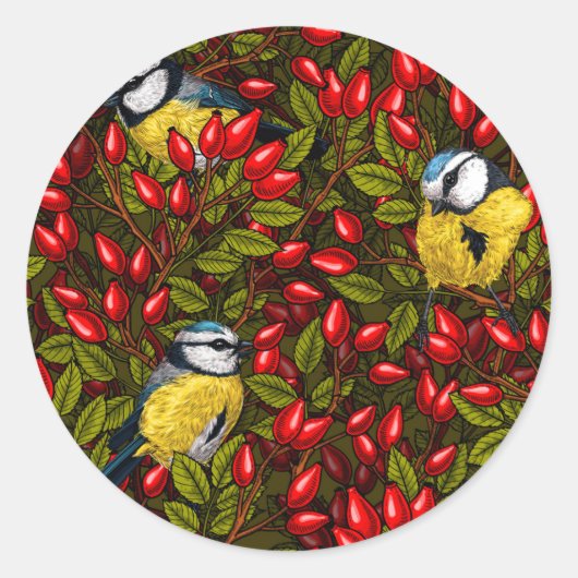 Vogels en rozen van honden, groen en rood ronde sticker (Voorkant)