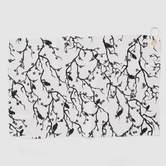 Vogels en Sakura Branches Japans schilderen Golfhanddoek (Horizontaal)