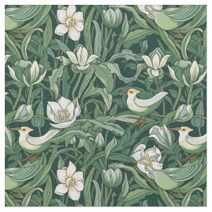 Vogels en Tulpen Groene Art Nouveau Stof