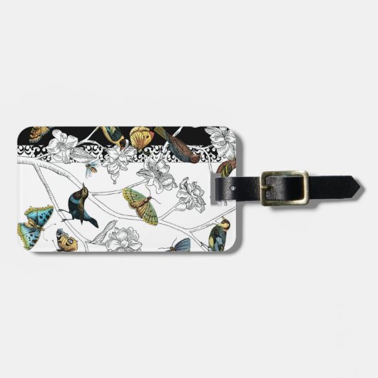 Vogels en vlinder op een zwarte en witte achtergro bagagelabel (Voorkant horizontaal)
