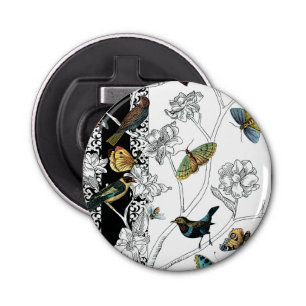 Vogels en vlinder op een zwarte en witte achtergro button flesopener