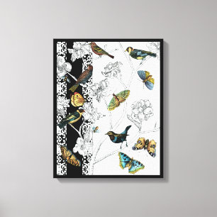 Vogels en vlinder op een zwarte en witte achtergro canvas afdruk