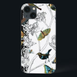 Vogels en vlinder op een zwarte en witte achtergro iPhone 13 hoesje<br><div class="desc">Kunstenaar Chariklia Zarris is een getalenteerde schilder en ontwerper. Ze schildert graag vogels en wilde dieren en dit afbeelding is geen uitzondering. De levendige kleuren van vogels en vlinders worden nog versterkt door de zwarte en witte takken op de achtergrond.</div>
