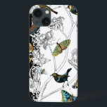 Vogels en vlinder op een zwarte en witte achtergro iPhone 13 hoesje<br><div class="desc">Kunstenaar Chariklia Zarris is een getalenteerde schilder en ontwerper. Ze schildert graag vogels en wilde dieren en dit afbeelding is geen uitzondering. De levendige kleuren van vogels en vlinders worden nog versterkt door de zwarte en witte takken op de achtergrond.</div>