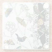 Vogels en vlinder op een zwarte en witte achtergro glazen onderzetter (Achterkant)