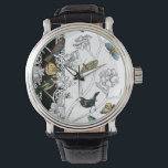 Vogels en vlinder op een zwarte en witte achtergro horloge<br><div class="desc">Kunstenaar Chariklia Zarris is een getalenteerde schilder en ontwerper. Ze schildert graag vogels en wilde dieren en dit afbeelding is geen uitzondering. De levendige kleuren van vogels en vlinders worden nog versterkt door de zwarte en witte takken op de achtergrond.</div>
