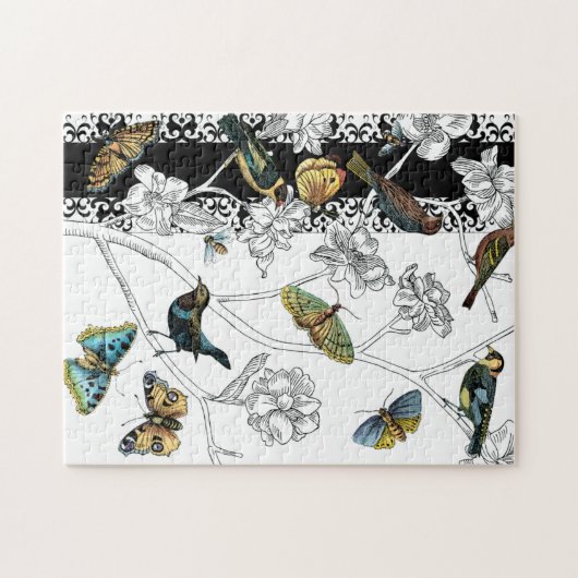 Vogels en vlinder op een zwarte en witte achtergro legpuzzel (Horizontaal)