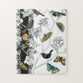 Vogels en vlinder op een zwarte en witte achtergro legpuzzel (Verticaal)