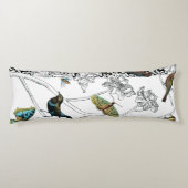 Vogels en vlinder op een zwarte en witte achtergro lichaamskussen (Achterkant)