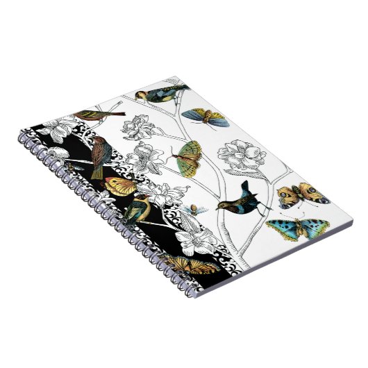 Vogels en vlinder op een zwarte en witte achtergro notitieboek (Rechterzijde)