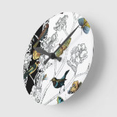 Vogels en vlinder op een zwarte en witte achtergro ronde klok (Hoek)