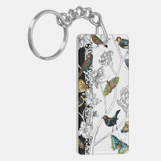 Vogels en vlinder op een zwarte en witte achtergro sleutelhanger (Voorkant Links)