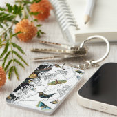 Vogels en vlinder op een zwarte en witte achtergro sleutelhanger (Voorkant Rechts)