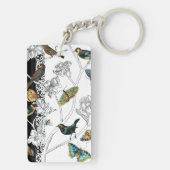 Vogels en vlinder op een zwarte en witte achtergro sleutelhanger (achterkant)