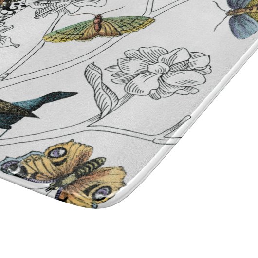 Vogels en vlinder op een zwarte en witte achtergro snijplank (Hoek)