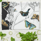 Vogels en vlinder op een zwarte en witte achtergro theedoek (Gevouwen)