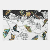 Vogels en vlinder op een zwarte en witte achtergro theedoek (Horizontaal)
