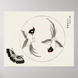 Vogels en vlinder van Taguchi Tomoki (1860-1869) Poster
