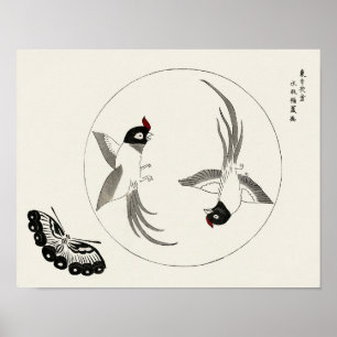 Vogels en vlinder van Taguchi Tomoki (1860-1869) Poster